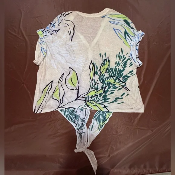 NIC+ZOE Cream/Green Waterfront Short Sleeve Button Tie Sweater Top Medium $128 - Picture 3 of 11